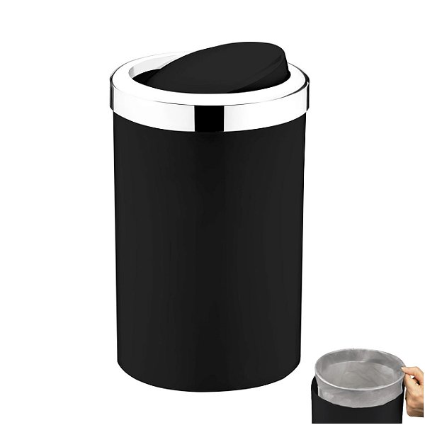 Lixeira 8L Cesto Lixo Plástico Para Cozinha Banheiro Escritório Branco Preto/Cromado - 1220PTC Future