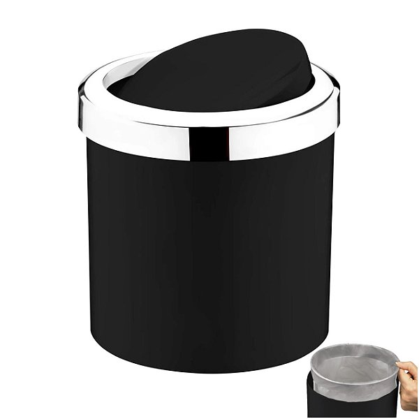 Lixeira 5 Litros Tampa Cesto De Lixo Basculante Para Cozinha Banheiro  Preto/Cromado - 1216PTC Future