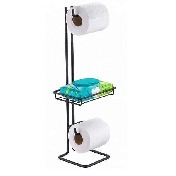Suporte Papel Higiênico Duplo Porta Objeto de Chão Banheiro Preto Fosco - 1182PT Future