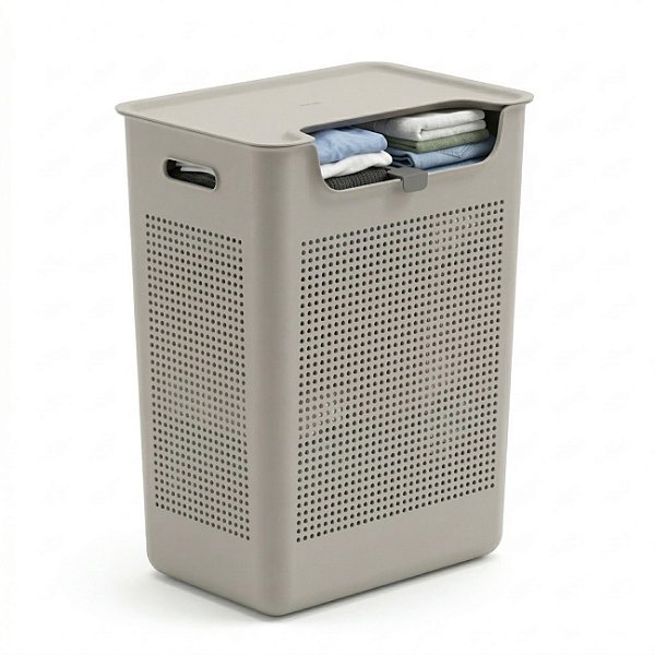 Cesto de Roupa Com Tampa Plástico 50 Litros Duplo Compartimento Flow Bege - CFW2000BGF Ou