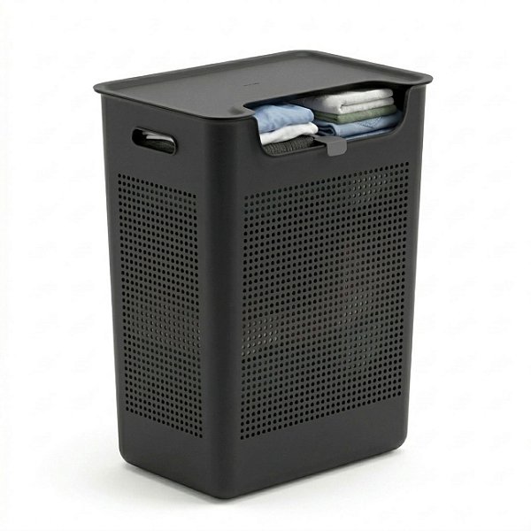 Cesto de Roupa Com Tampa Plástico 50 Litros Duplo Compartimento Flow Preto Fosco - CFW2000PTF Ou