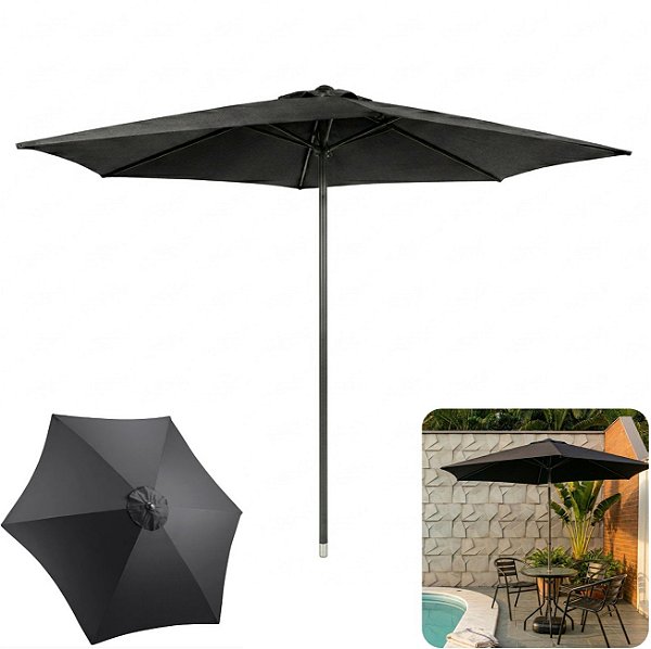 Ombrelone 3 metros Guarda Sol Sombrero 6 Hastes Central Jardim Piscina JURERÊ Preto - AMZ
