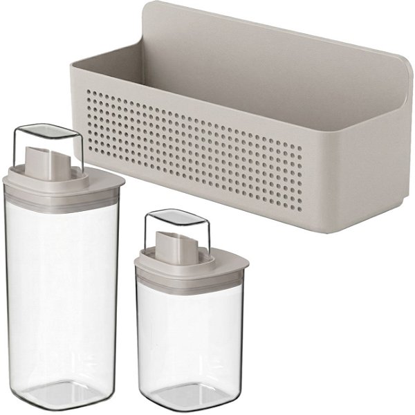 Kit Lavanderia 3pç Organizador + Disepenser 1L e 1,5L Bege - Flow Ou