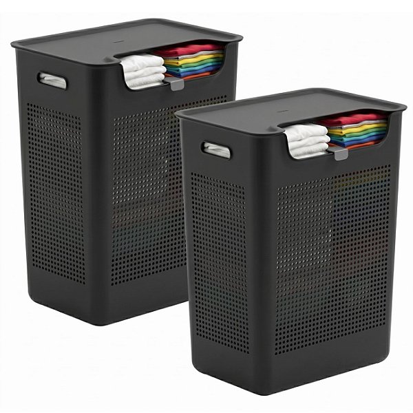 Kit 2 Cesto de Roupa Com Tampa Plástico 50 Litros Duplo Compartimento Preto - Flow  Ou
