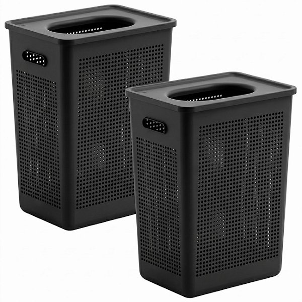 Kit 2 Cesto de Roupa Com Tampa Plástico 38 Litros Lavanderia Banheiro Preto - Flow Ou