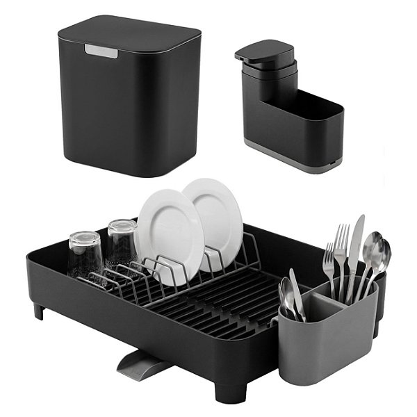 Kit Pia Cozinha 3Pç Lixeira 5 Litros + Dispenser Sabonete + Escorredor Pratos Talheres Preto - Ou