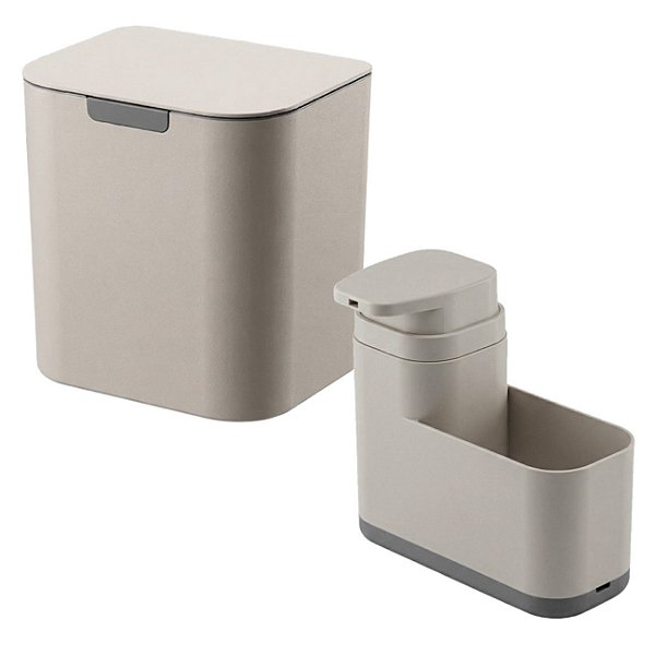 Kit Pia Cozinha 2Pç Lixeira 5 Litros + Dispenser Porta Esponja Detergente 550ml Bege - Liv Ou