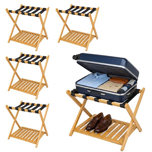 Kit 5 Suporte de Mala Bambu Natural Com Prateleira Sapateira Para Hotel Pousada - AMZ