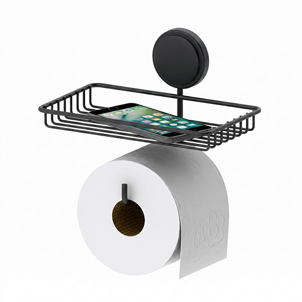 Suporte Porta Papel HIgiênico Objetos Preto Fosco Adesivo Parede - 148PT Future