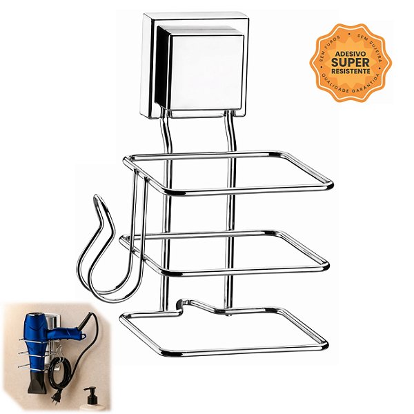 Suporte Para Secador De Cabelo e Cabo Cromado Adesivo Parede - 110 Future