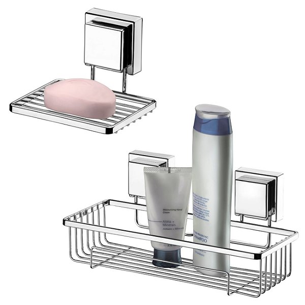 Kit 2pç Banheiro Porta Shampoo + Saboneteira Adesivo Cromado - Future