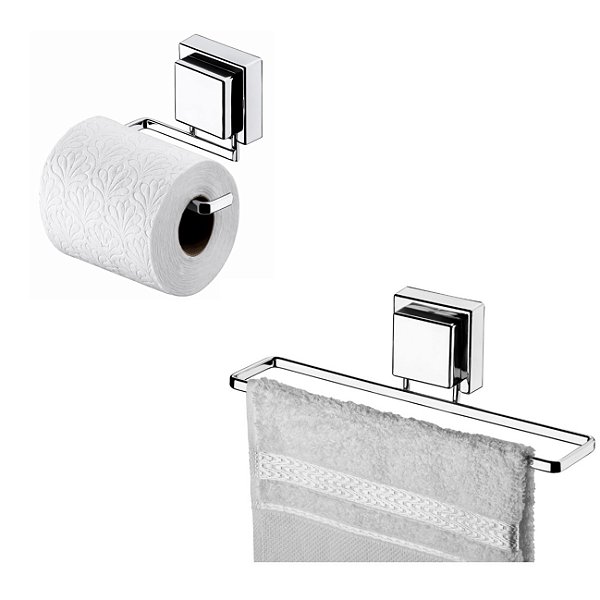 Kit 2pç Banheiro Porta Toalha de Rosto + Papeleira Adesivo Cromado - Future