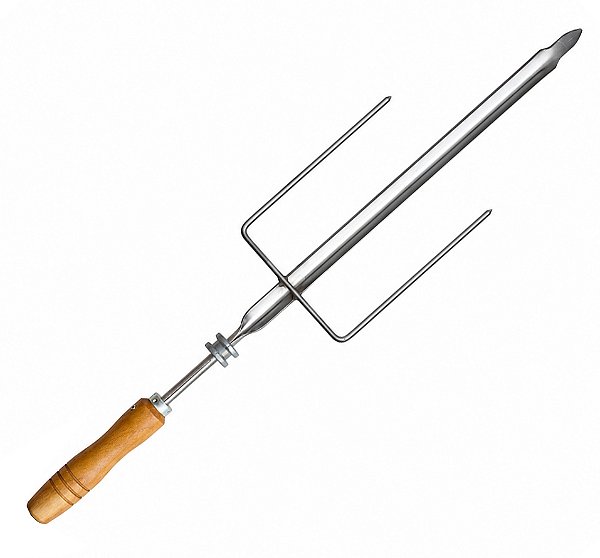 Espeto Inox Triplo Com Garfo Costelão Roldana Para Churrasqueira Rotativa Cabo Madeira - 424 Matrinox