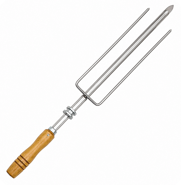 Espeto Inox Triplo Com Garfo Roldana Para Churrasqueira Rotativa Cabo Madeira - 420 Matrinox