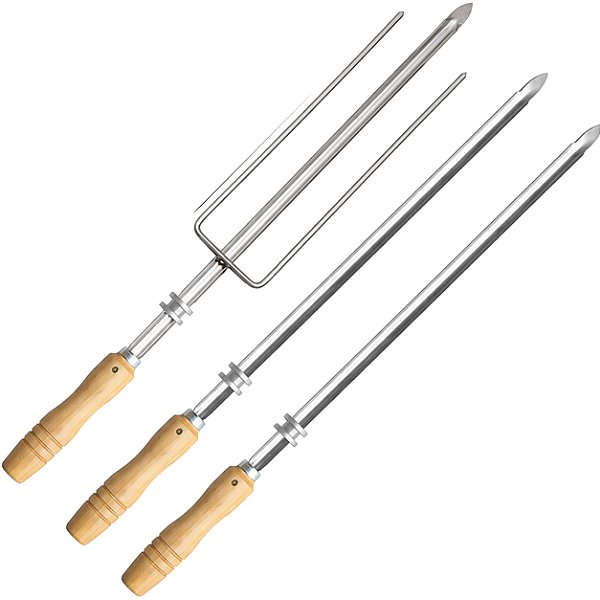 Kit 2 Espetos Simples + 1 Triplo Inox Com Roldana Para Churrasqueira Rotativa Cabo Madeira - Matrinox