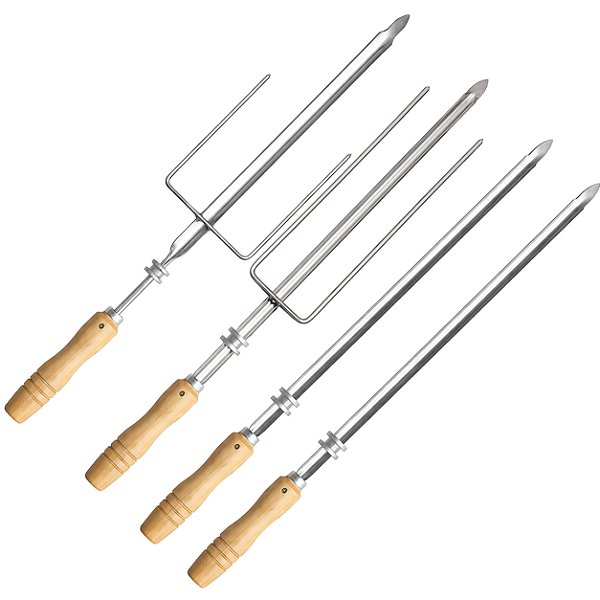 Kit 2 Espetos Simples + 1 Triplo + 1 Costelao Inox Com Roldana Para Churrasqueira Rotativa Cabo Madeira - Matrinox