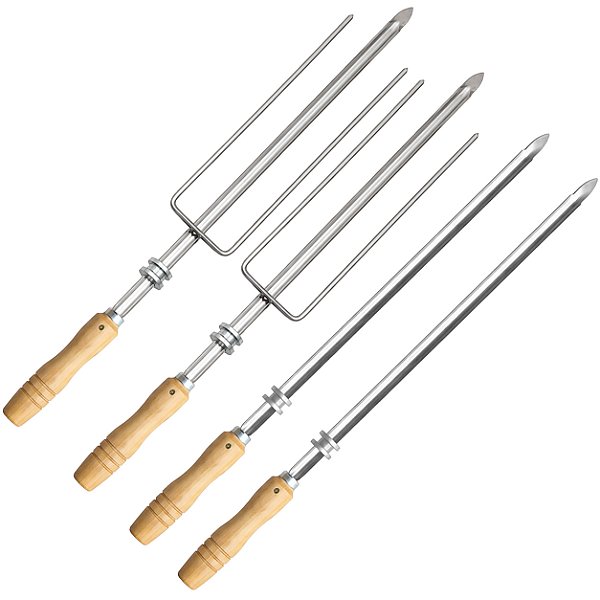 Kit 2 Espetos Simples + 2 Triplos Inox Com Roldana Para Churrasqueira Rotativa Cabo Madeira - Matrinox