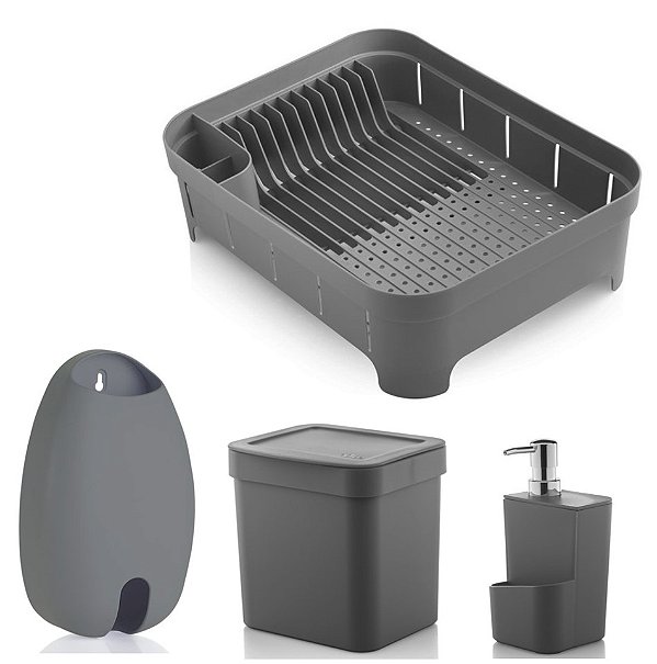 Kit Cozinha Escorredor De Louças + Lixeira 2,5L + Dispenser Detergente + Porta Sacolas - Ou