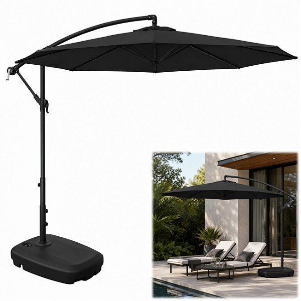 Kit Ombrelone Lateral Suspenso 3m Kauai Preto + Base 55 Litros Piscina Jardim - AMZ
