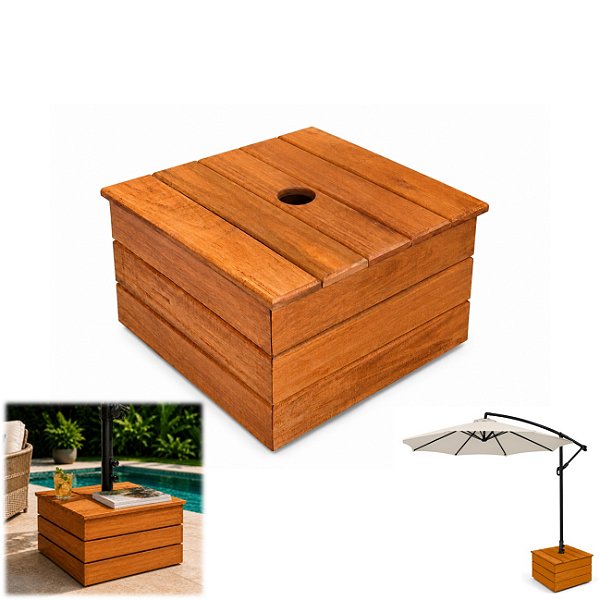 Base de Madeira Para Ombrelone 52x52cm Com Tampa Mesa - Cor Mel AMZ