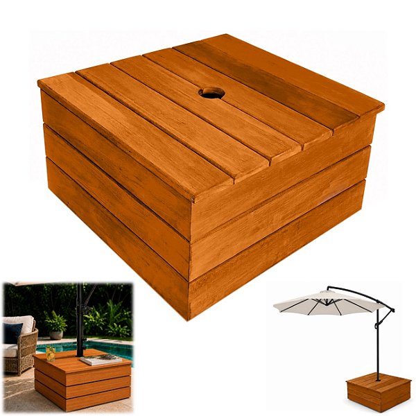 Base de Madeira Para Ombrelone 72x72cm Com Tampa Mesa - Cor Mel AMZ