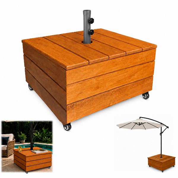 Base de Madeira Mesa Com Rodas Para Ombrelone 72x72cm Com Tampa Haste - Cor Mel AMZ
