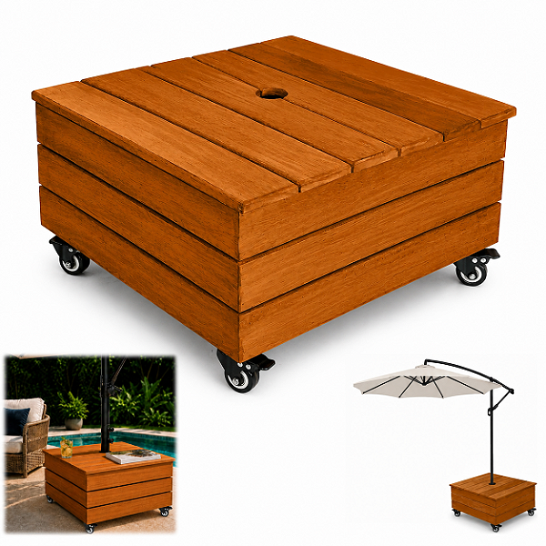 Base de Madeira Com Rodas Para Ombrelone 72x72cm Com Tampa Mesa - Cor Mel AMZ