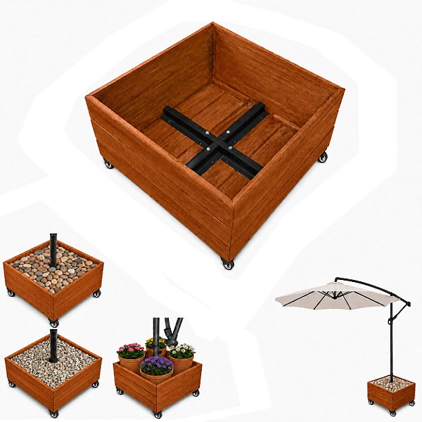 Base de Madeira Com Rodas Para Ombrelone 52x52cm Caixa Floreira - Cor Mel AMZ