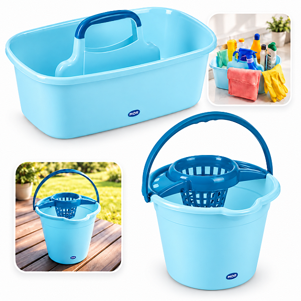 Kit Balde Plástico 12 Litros com Espremedor + Organizador Para Limpeza Azul - Mor