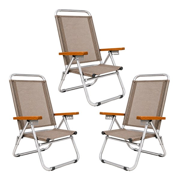 Kit 3 Cadeira de Praia Reclinável Alumínio Reforçada Elegance 120Kg Avelâ - 1205 Zaka
