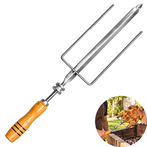 Espeto Triplo Inox Com Roldana Para Frango Aberto Cabo Madeira - 428 Matrinox