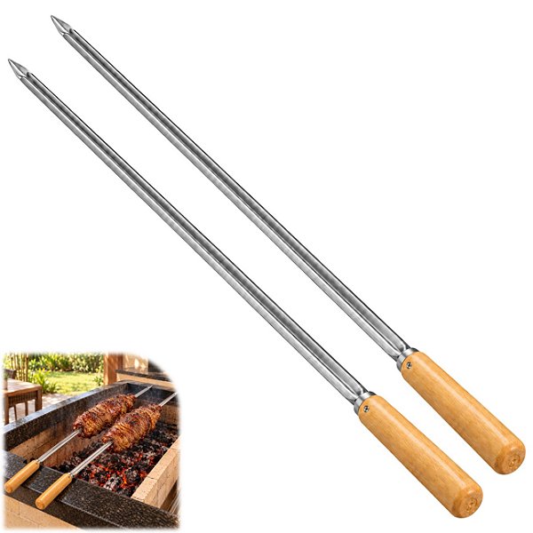 Kit 2 Espeto Inox Reforçado Longo Para Cupim Churrasqueira Cabo Madeira 120cm - 145 Matrinox