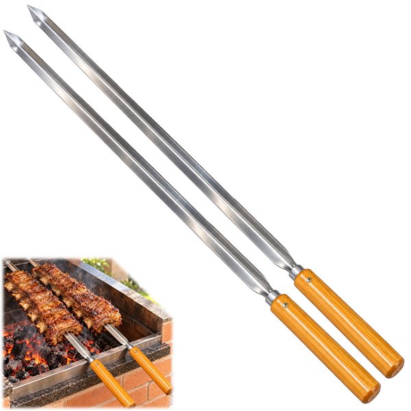 Kit 2 Espeto Largo Para Costelão Churrasco Inox Cabo Madeira 105cm - 109 Matrinox