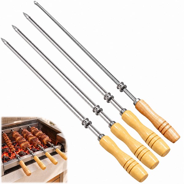 Kit 3 Espeto Simples Inox + 1 Espeto Para Coração +Roldana Churrasco Cabo Madeira 85cm 1,20mm - Matrinox
