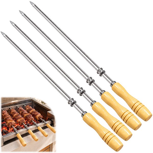 Kit 4 Espeto Inox Para Churrasco Cabo Madeira + Roldana Móvel 85cm 1,20mm - 2 Matrinox