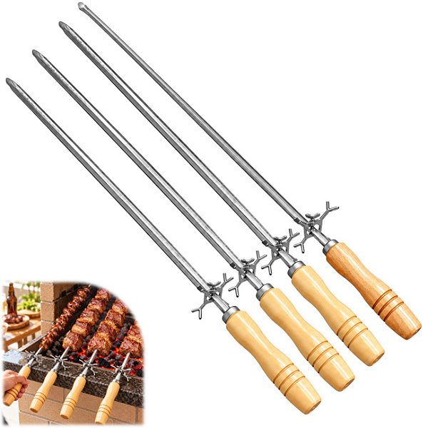 Kit 3 Espeto Simples Inox + 1 Espeto Para Coração + Apoio Churrasco Cabo Madeira 85cm 1,20mm - Matrinox