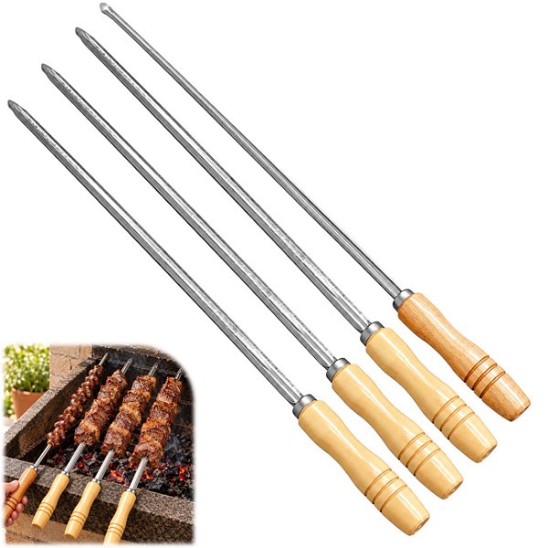 Kit 3 Espeto Simples Inox + 1 Espeto Para Coração Churrasco Cabo Madeira 85cm 1,20mm - Matrinox