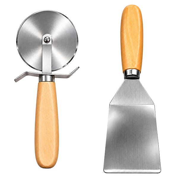 Kit Cortador De Pizza + Espátula Inox Para Hambúrguer Cabo Madeira - Matrinox