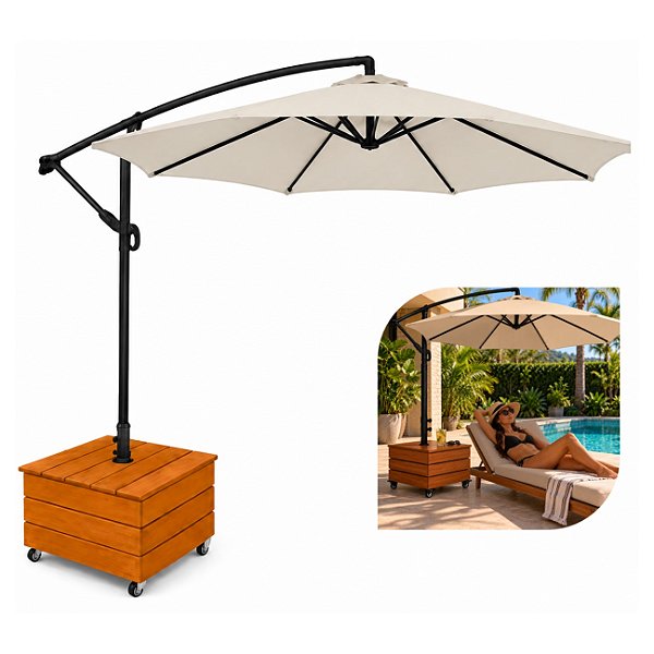 Ombrelone Lateral Suspenso 3m Kauai Bege + Base Madeira Com Rodas - AMZ