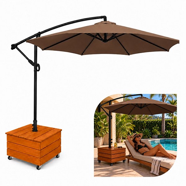 Ombrelone Lateral Suspenso 3m Kauai Marrom + Base Madeira Com Rodas - AMZ