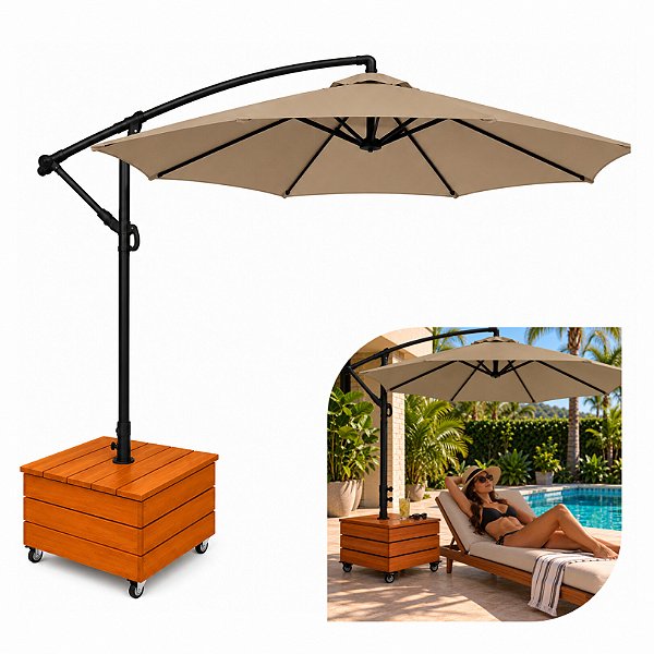 Ombrelone Lateral Suspenso 3m Kauai Cinza Quente + Base Madeira Com Rodas - AMZ