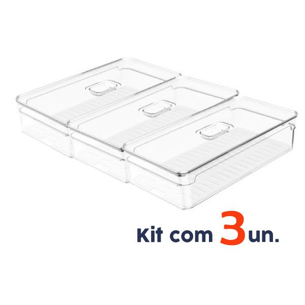 Kit 3 Organizador Porta Mantimento 2,8L C/ Tampa Geladeira Fruta Verdura Clear Fresh - Ou