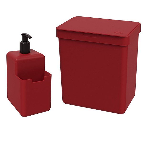 Kit Lixeira 2,5L Dispenser Porta Detergente Líquido Esponja Single Organizador Pia Cozinha Coza - Vermelho