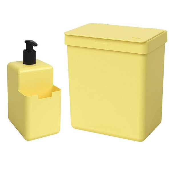 Kit Lixeira 2,5L Dispenser Porta Detergente Líquido Esponja Single Organizador Pia Cozinha Coza - Amarelo