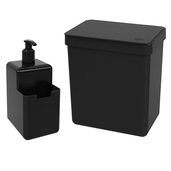 Kit Lixeira 2,5L Dispenser Porta Detergente Líquido Esponja Single Organizador Pia Cozinha Coza - Preto