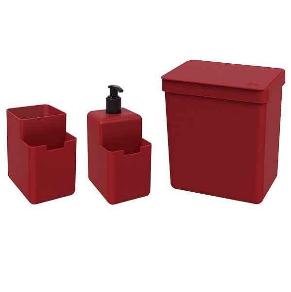 Kit Lixeira 2,5L Dispenser Detergente Líquido Porta Esponja Organizador Pia Single Coza - Vermelho