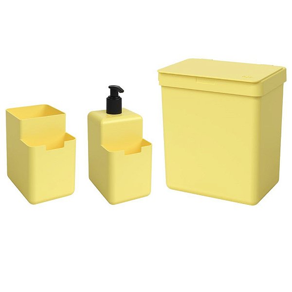 Kit Lixeira 2,5L Dispenser Detergente Líquido Porta Esponja Organizador Pia Single Coza - Amarelo