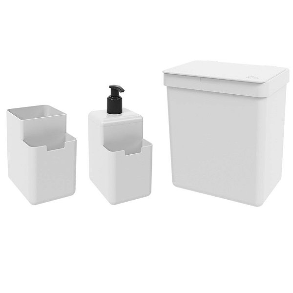 Kit Lixeira 2,5L Dispenser Detergente Líquido Porta Esponja Organizador Pia Single Coza - Branco