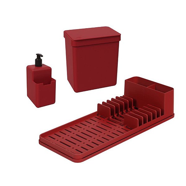 Kit Lixeira 2,5L Dispenser Porta Detergente Líquido Escorredor De Louças Single Coza - Vermelho