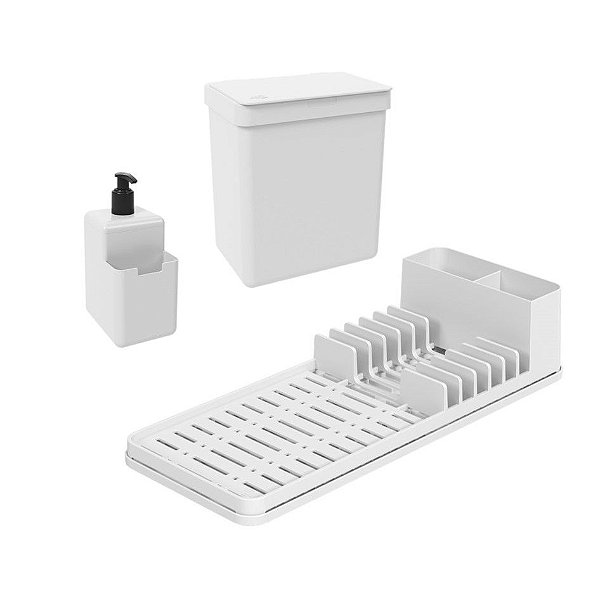 Kit Lixeira 2,5L Dispenser Porta Detergente Líquido Escorredor De Louças Single Coza - Branco